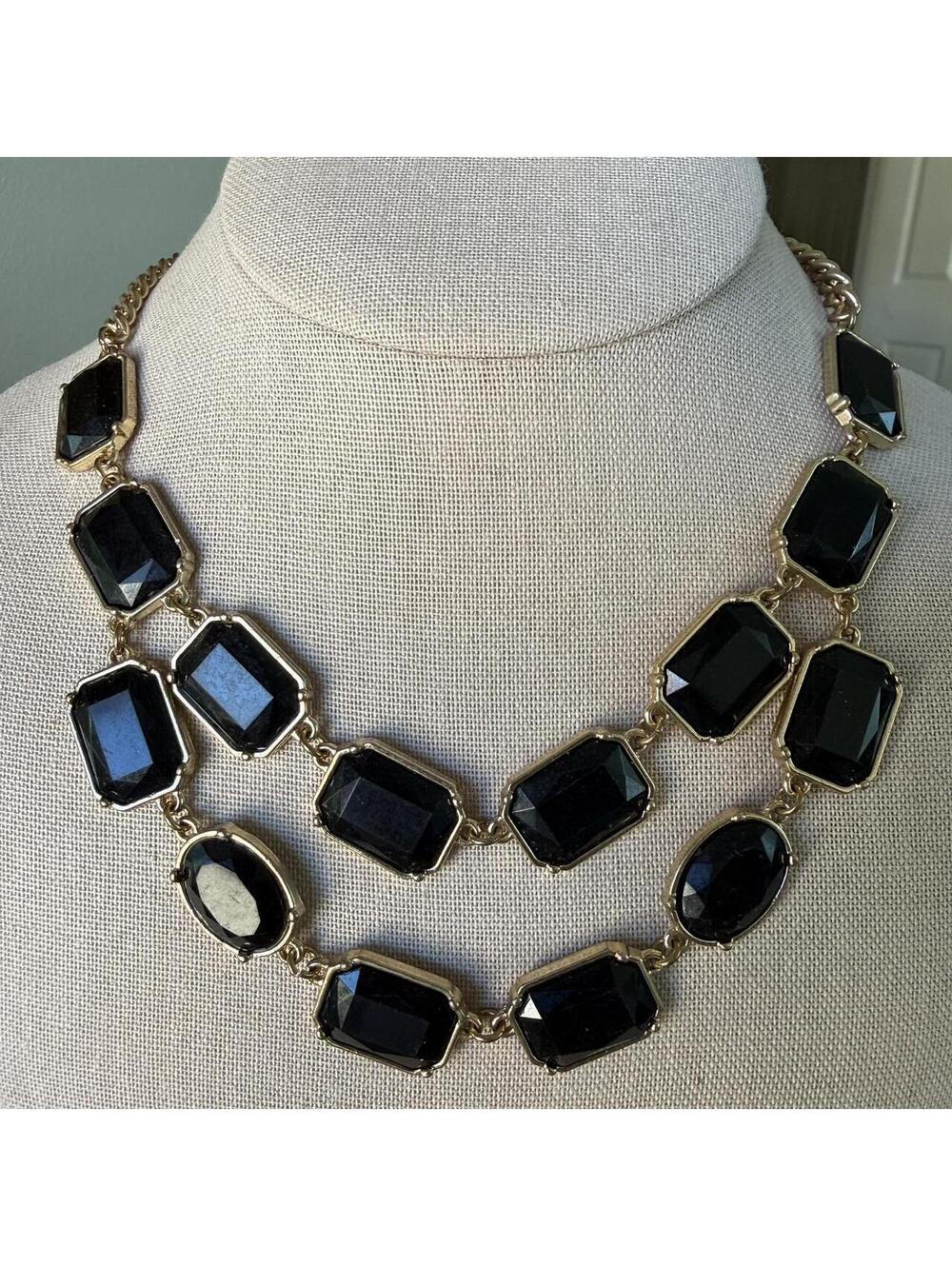 Vintage gold tone black stone necklace dainty double strand minimalist edgy